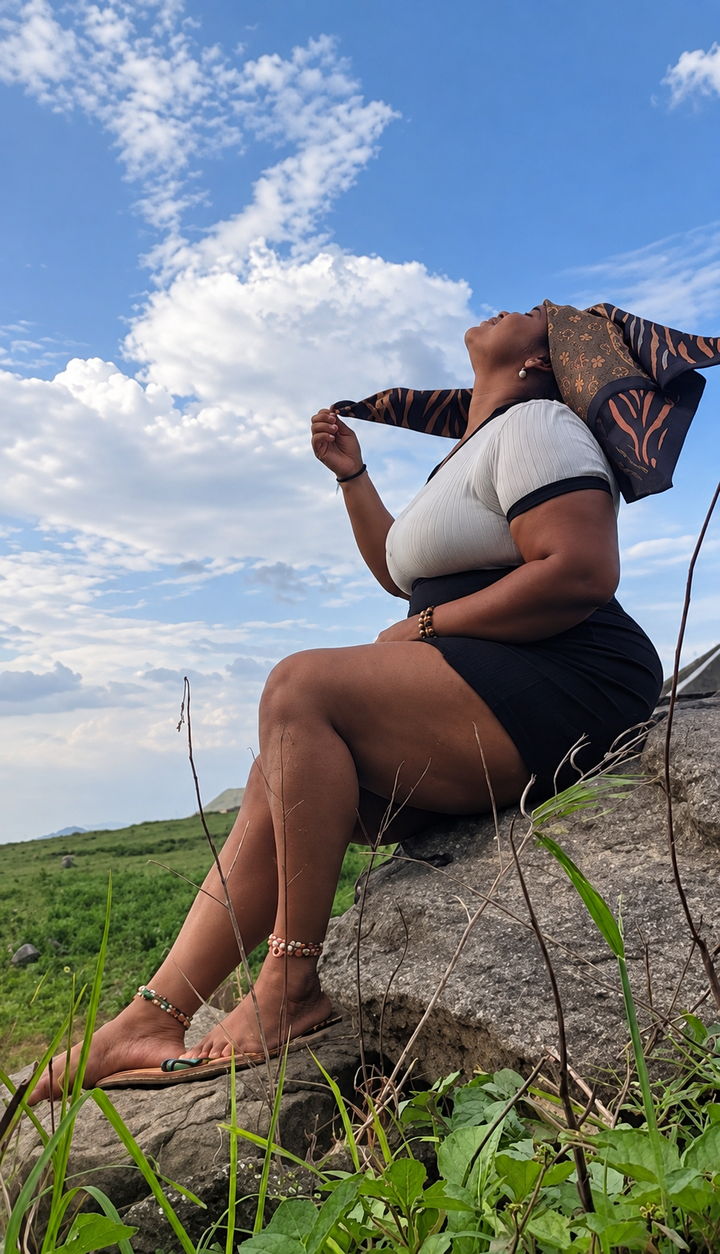 A woman sitting on a rock on a hillside at dusk, head tilted back to the open sky.